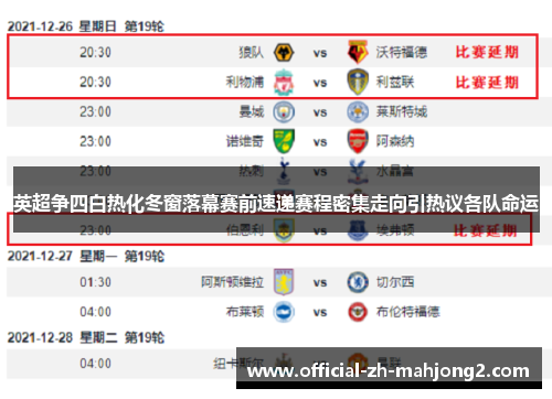 英超争四白热化冬窗落幕赛前速递赛程密集走向引热议各队命运