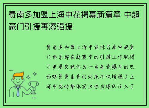 费南多加盟上海申花揭幕新篇章 中超豪门引援再添强援